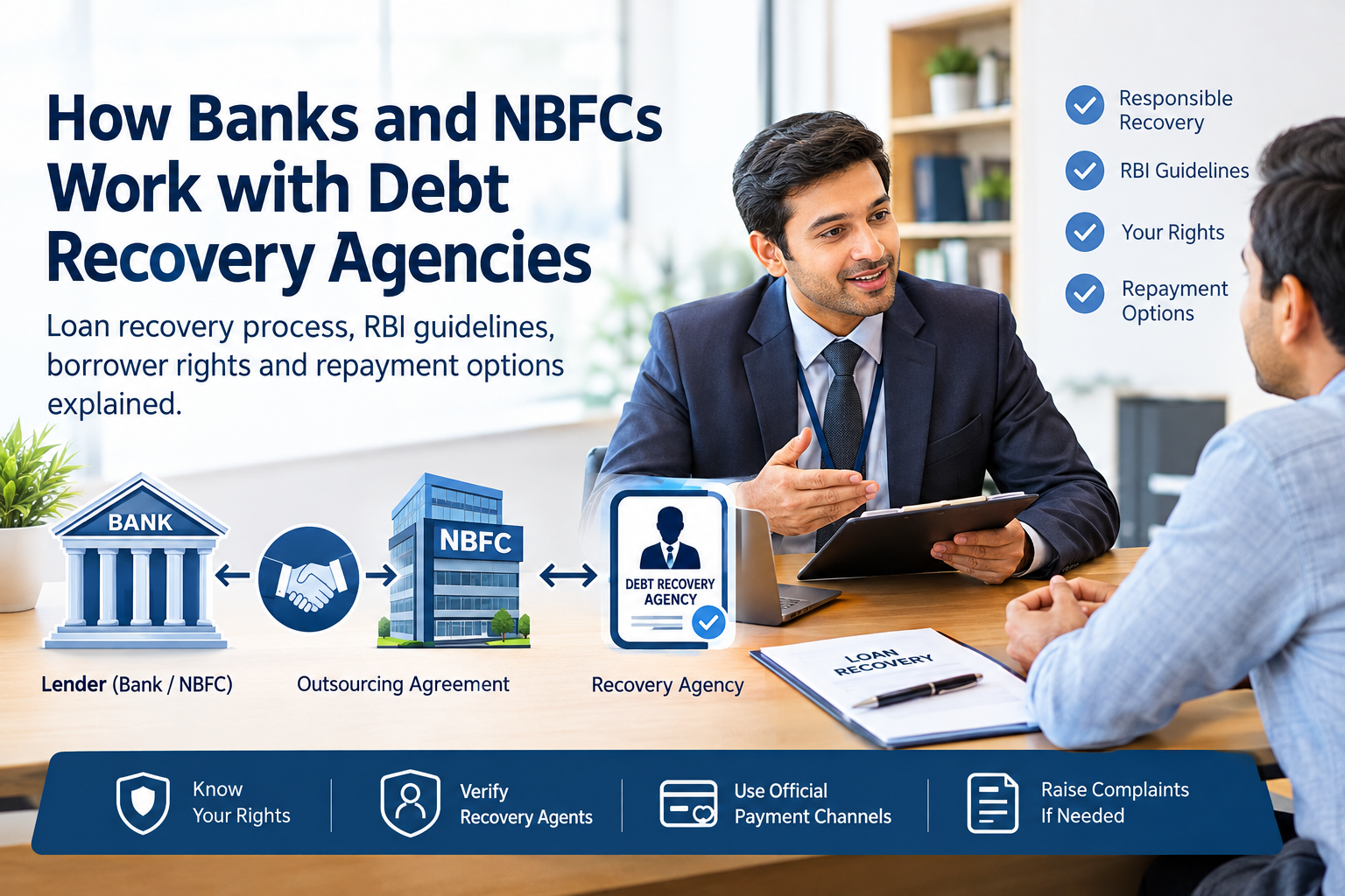 How banks and NBFCs work with debt recovery agencies, showing loan recovery, RBI guidelines, borrower rights, repayment options and responsible debt collection.